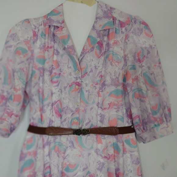 Vintage Pastel Patterned Midi Dress Made In U.S.A. Polyester - Picture 11 of 12